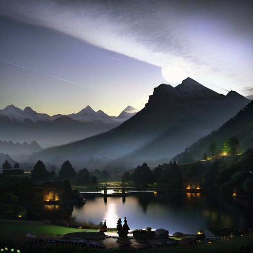 A tranquil scene of Holmes and Bilbo in conversation with regal Elves in the enchanting city of Rivendell, lit under a moonlit sky with the ominous silhouette of the mountains looming in the distance.